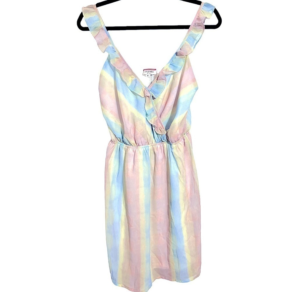 ANDREE BY UNIT Women’s V Neck Ruffle Sleeve Pastel Gradient Mini Tank Dress Med